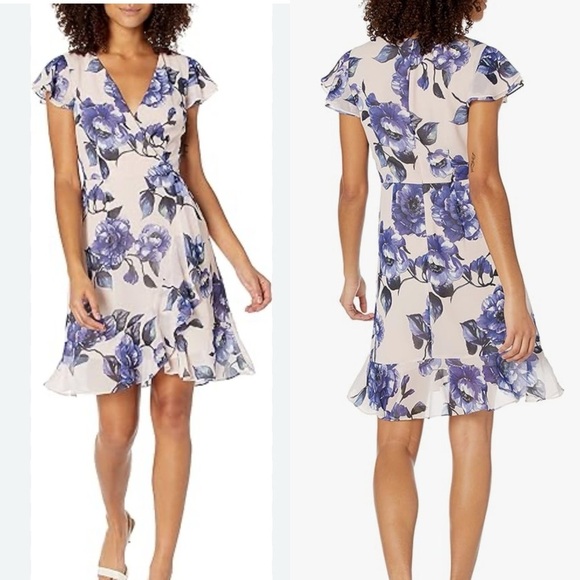 Adrianna Papell Geranium Floral Faux Wrap Mini Dress - Picture 15 of 15